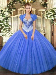 Suitable Blue Tulle Lace Up Sweetheart Sleeveless Floor Length Quinceanera Gowns Beading