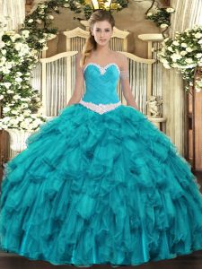 Organza Sweetheart Sleeveless Lace Up Appliques and Ruffles Sweet 16 Dresses in Teal