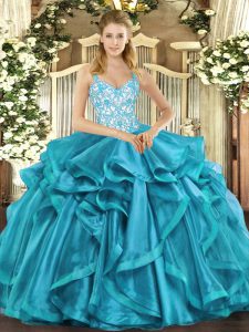 Trendy Floor Length Teal Sweet 16 Dress Organza Sleeveless Beading and Appliques and Ruffles
