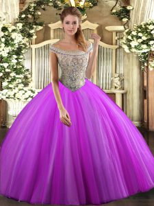 Fuchsia Ball Gowns Beading Quinceanera Gowns Lace Up Tulle Sleeveless Floor Length