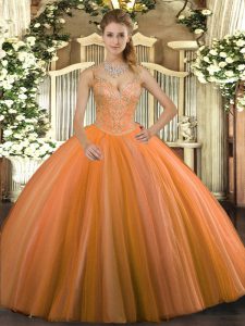 Decent Floor Length Lace Up Sweet 16 Dress Orange Red for Military Ball and Sweet 16 and Quinceanera with Beading