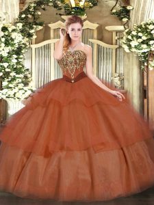 Fashion Rust Red Tulle Lace Up Strapless Sleeveless Floor Length Quinceanera Gown Beading and Ruffled Layers