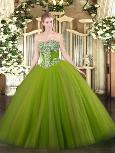 Floor Length Lace Up 15 Quinceanera Dress Olive Green for Military Ball and Sweet 16 and Quinceanera with Beading