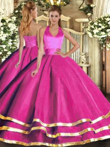 Fuchsia Ball Gowns Ruffled Layers Vestidos de Quinceanera Lace Up Tulle Sleeveless Floor Length