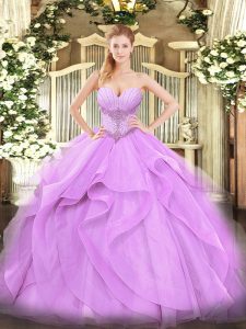 Comfortable Lavender Ball Gowns Tulle Sweetheart Sleeveless Beading and Ruffles Floor Length Lace Up Ball Gown Prom Dres