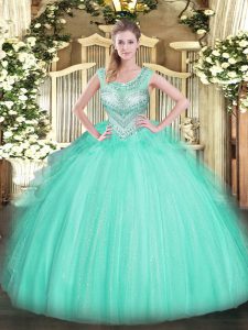 Modest Apple Green Sleeveless Floor Length Beading Lace Up Sweet 16 Quinceanera Dress