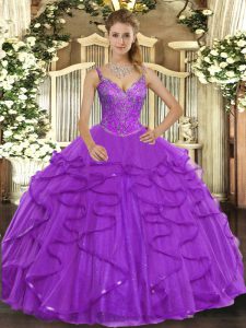 Free and Easy Eggplant Purple Ball Gowns Beading and Ruffles 15 Quinceanera Dress Lace Up Tulle Sleeveless Floor Length