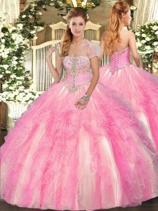 Ball Gowns Quince Ball Gowns Rose Pink Strapless Tulle Sleeveless Floor Length Lace Up