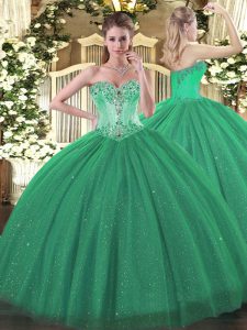 Beautiful Turquoise Tulle and Sequined Lace Up Sweetheart Sleeveless Floor Length Ball Gown Prom Dress Beading