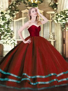 Fine Ball Gowns Quinceanera Gowns Wine Red Sweetheart Tulle Sleeveless Floor Length Zipper