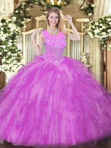 Tulle Scoop Sleeveless Zipper Beading and Ruffles Quince Ball Gowns in Lilac
