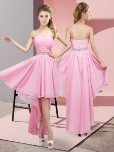 Spectacular High Low Pink Prom Gown Chiffon Sleeveless Beading