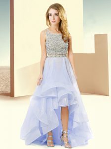 Lavender Straps Lace Up Beading and Ruffles Prom Evening Gown Sleeveless