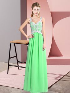 Glittering Apple Green Empire Lace Prom Party Dress Zipper Chiffon Sleeveless Floor Length