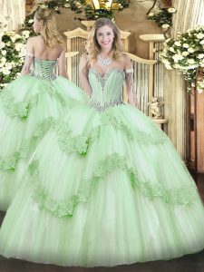 Classical Apple Green Tulle Lace Up Sweetheart Sleeveless Floor Length 15th Birthday Dress Beading and Appliques