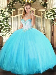 Aqua Blue Ball Gowns Tulle Sweetheart Sleeveless Beading Floor Length Lace Up Sweet 16 Quinceanera Dress
