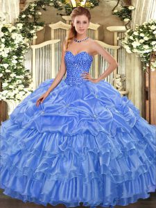 Customized Baby Blue Lace Up Sweetheart Beading and Ruffled Layers and Pick Ups Ball Gown Prom Dress Organza Sleeveless