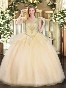 Shining Champagne Tulle Lace Up V-neck Sleeveless Floor Length Quince Ball Gowns Beading