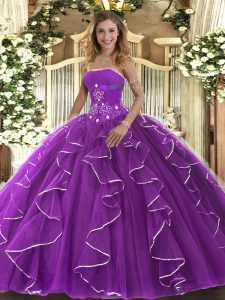 Dramatic Sleeveless Floor Length Beading and Ruffles Lace Up Quinceanera Gowns with Purple