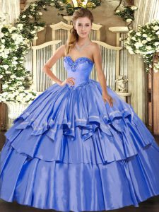 High Class Blue Ball Gowns Beading and Ruffled Layers Quince Ball Gowns Lace Up Organza and Taffeta Sleeveless Floor Len