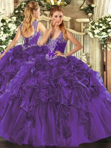 Affordable Purple Ball Gowns Beading and Ruffles Vestidos de Quinceanera Lace Up Organza Sleeveless Floor Length