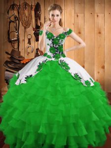 Custom Design Green Ball Gowns Embroidery and Ruffled Layers 15 Quinceanera Dress Lace Up Organza Sleeveless Floor Lengt