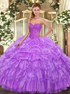 Pretty Lavender Ball Gowns Beading and Ruffled Layers and Pick Ups Sweet 16 Quinceanera Dress Lace Up Organza Sleeveless