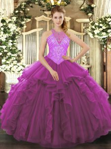 Sweet High-neck Sleeveless Lace Up Quince Ball Gowns Fuchsia Organza