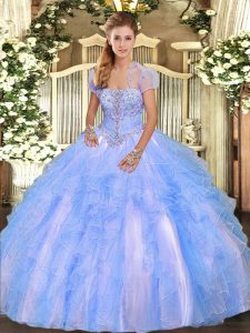 Floor Length Lace Up 15th Birthday Dress Baby Blue for Military Ball and Sweet 16 and Quinceanera with Appliques and Ruf