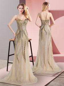 Nice Sleeveless Beading Side Zipper Dress for Prom with Champagne Sweep Train