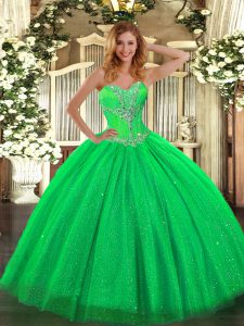 Fashion Green Ball Gowns Tulle and Sequined Sweetheart Sleeveless Beading Floor Length Lace Up 15 Quinceanera Dress