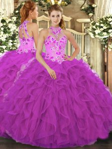 Sexy Fuchsia Ball Gowns Halter Top Sleeveless Organza Floor Length Lace Up Beading and Embroidery and Ruffles Quinceaner