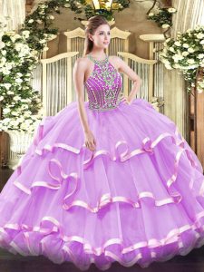Captivating Lilac Ball Gowns Tulle Halter Top Sleeveless Beading and Ruffled Layers Floor Length Lace Up Vestidos de Qui