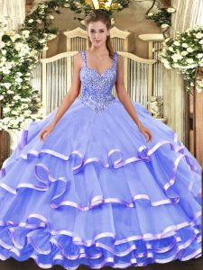 Lavender Organza Lace Up Straps Sleeveless Floor Length Quinceanera Gowns Beading and Ruffled Layers