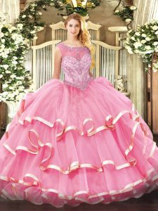 Edgy Sleeveless Beading and Ruffled Layers Zipper Quince Ball Gowns