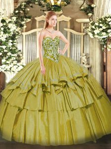 Vintage Olive Green Sweetheart Lace Up Beading and Ruffled Layers Quince Ball Gowns Sleeveless