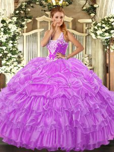 Lilac Ball Gowns Organza Straps Sleeveless Beading and Ruffled Layers and Pick Ups Floor Length Lace Up Vestidos de Quin