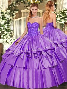 Lavender Sleeveless Organza and Taffeta Lace Up Quinceanera Gown for Military Ball and Sweet 16 and Quinceanera