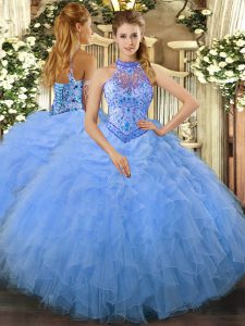 Halter Top Sleeveless Lace Up 15th Birthday Dress Baby Blue Organza