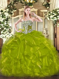 Sleeveless Floor Length Beading and Ruffles Lace Up Sweet 16 Quinceanera Dress with Olive Green
