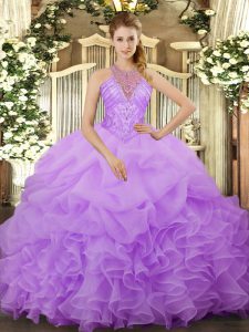 Admirable Lavender Sleeveless Organza Lace Up 15 Quinceanera Dress for Military Ball and Sweet 16 and Quinceanera