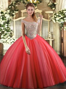 Floor Length Coral Red Quinceanera Dresses Off The Shoulder Sleeveless Lace Up