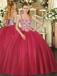 Popular Beading and Appliques Quinceanera Dress Coral Red Lace Up Sleeveless Floor Length