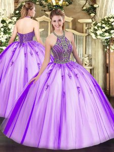 Sleeveless Tulle Floor Length Lace Up Quinceanera Dresses in Eggplant Purple with Beading
