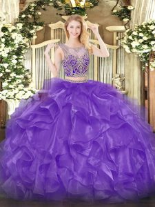 Fine Floor Length Eggplant Purple Quince Ball Gowns Organza Sleeveless Beading and Ruffles