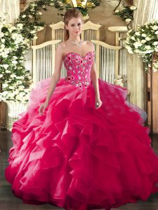 Vintage Organza and Printed Sweetheart Sleeveless Lace Up Embroidery Sweet 16 Quinceanera Dress in Hot Pink