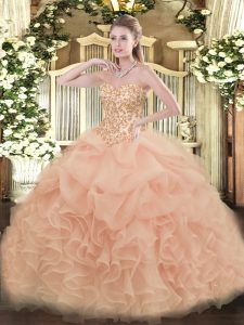 Floor Length Lace Up Sweet 16 Dresses Peach for Sweet 16 and Quinceanera with Appliques and Ruffles and Pick Ups