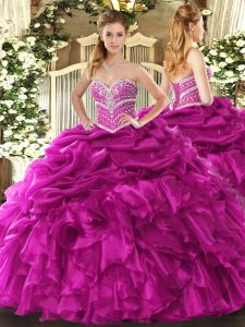 Colorful Fuchsia Ball Gowns Sweetheart Sleeveless Organza Floor Length Lace Up Beading and Ruffles and Pick Ups Sweet 16
