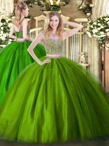 Tulle Scoop Sleeveless Lace Up Beading Quinceanera Gown in Olive Green