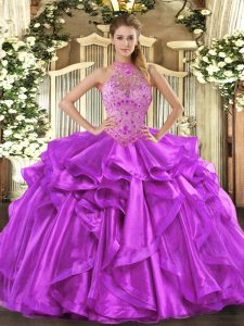 Top Selling Organza Halter Top Sleeveless Lace Up Beading and Embroidery and Ruffles Quinceanera Gowns in Purple